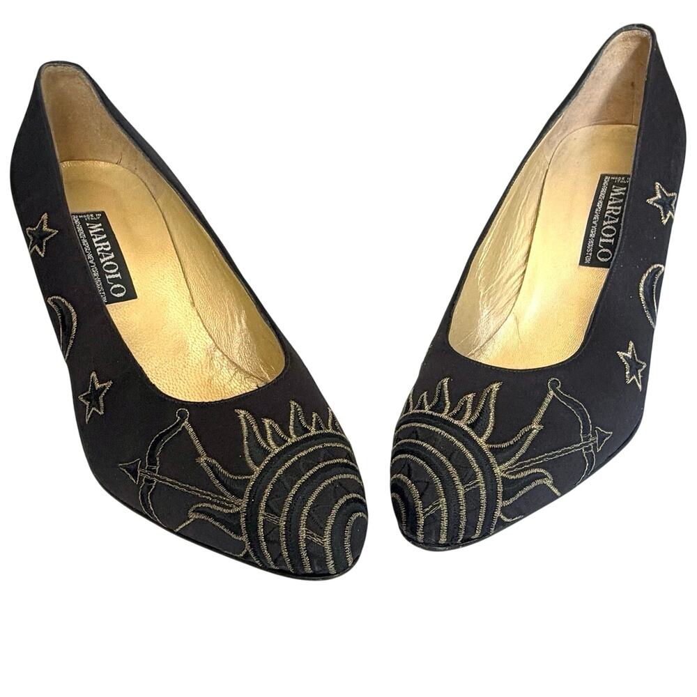 VTG MADE IN ITALY Maraolo Celestial Embroidered Black/Gold Satin Pumps, RARE! 39
